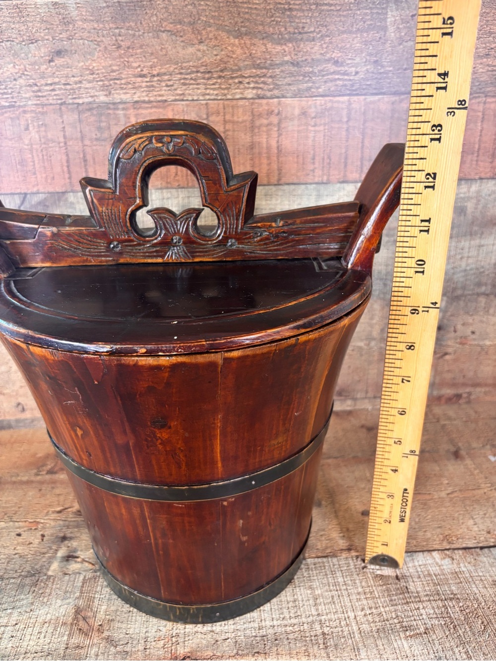 Vintage Chinese Lacquered Rice Bucket With Locking Lid & Handle Home Decor - Picture 11 of 14